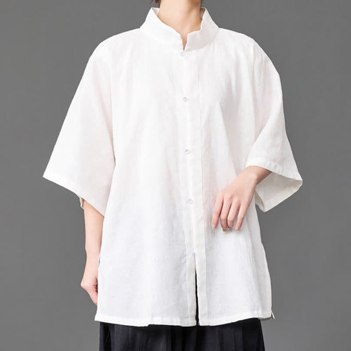 Buddha Stones Chemises d'été minimalistes pour hommes, col mandarin, manches trois-quarts, boutonnées, unies - image 15