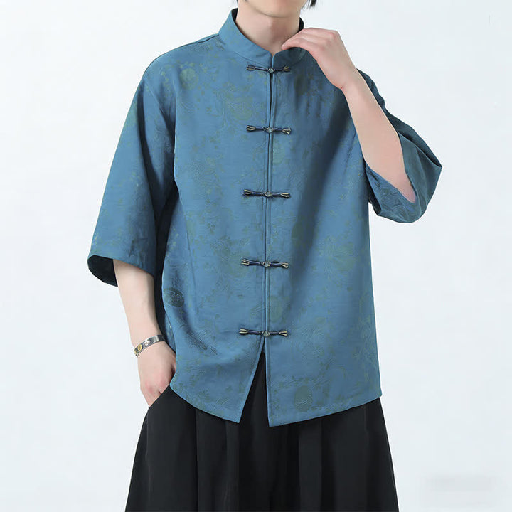 Buddha Stones Chemises d'été pour hommes, style Tang, col mandarin, boutons brandebourg, fentes latérales, manches trois-quarts, couleur unie - CadetBlue - US/UK/AU46，EU56 (5XL) - image 0