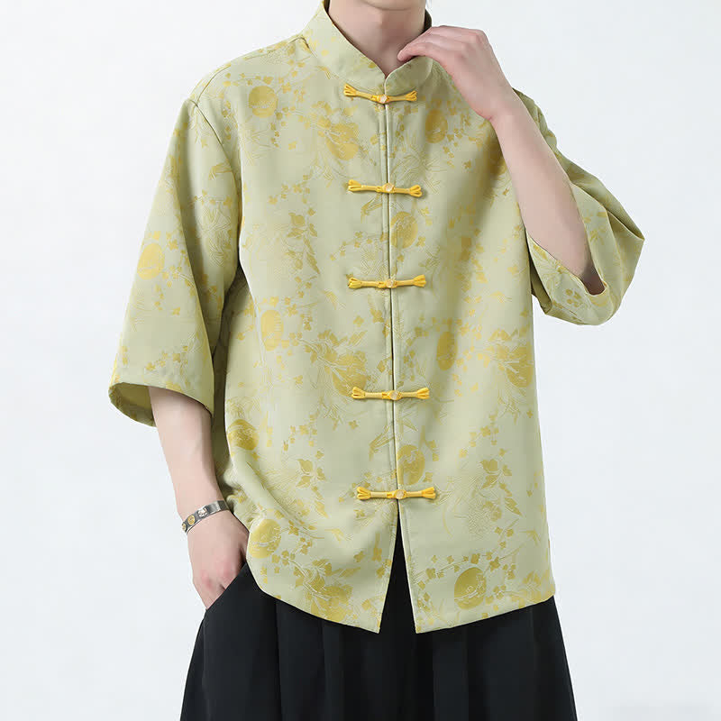 Buddha Stones Chemises d'été pour hommes, style Tang, col mandarin, boutons brandebourg, fentes latérales, manches trois-quarts, couleur unie - Jaune doré clair - US/UK/AU46，EU56 (5XL) - image 6