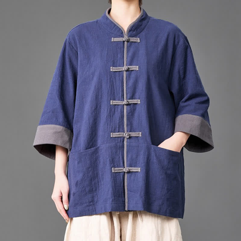 Buddha Stones Chemises d'été pour hommes, style Tang, col mandarin, boutons brandebourg, manches trois-quarts, unies, avec poches - Marine - US/UK/AU46，EU56 (5XL) - image 0