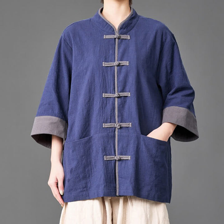 Buddha Stones Chemises d'été pour hommes, style Tang, col mandarin, boutons brandebourg, manches trois-quarts, unies, avec poches - Marine - US/UK/AU46，EU56 (5XL) - image 0