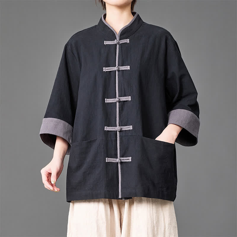 Buddha Stones Chemises d'été pour hommes, style Tang, col mandarin, boutons brandebourg, manches trois-quarts, unies, avec poches - Noir - US/UK/AU46，EU56 (5XL) - image 6