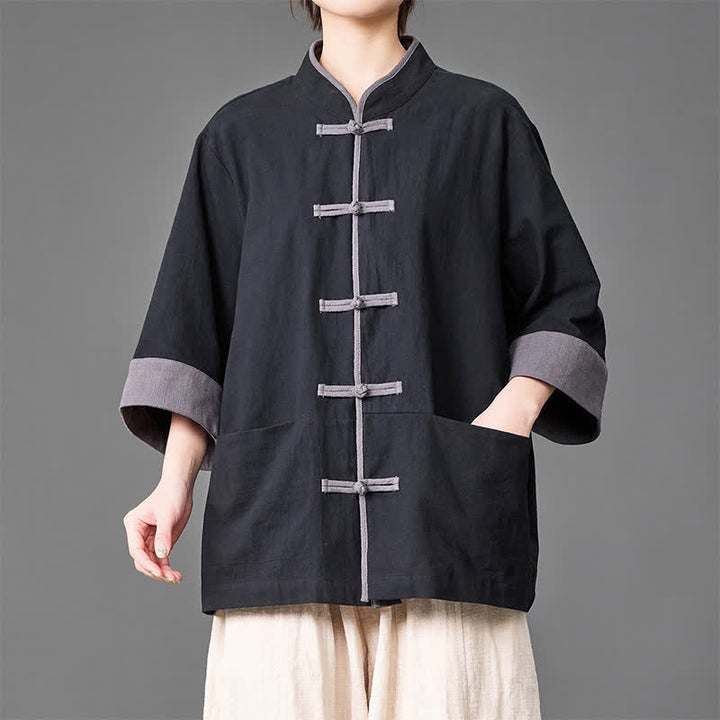 Buddha Stones Chemises d'été pour hommes, style Tang, col mandarin, boutons brandebourg, manches trois-quarts, unies, avec poches - Noir - US/UK/AU46，EU56 (5XL) - image 6