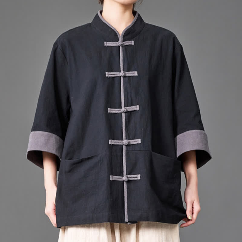 Buddha Stones Chemises d'été pour hommes, style Tang, col mandarin, boutons brandebourg, manches trois-quarts, unies, avec poches - image 9