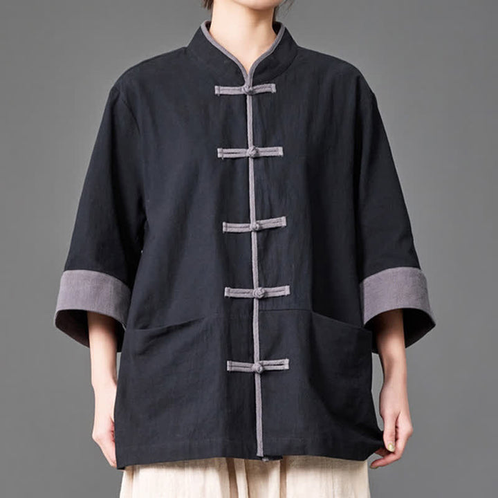 Buddha Stones Chemises d'été pour hommes, style Tang, col mandarin, boutons brandebourg, manches trois-quarts, unies, avec poches - image 9