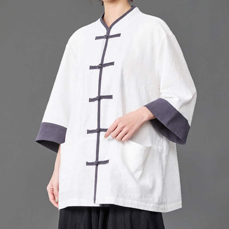 Buddha Stones Chemises d'été pour hommes, style Tang, col mandarin, boutons brandebourg, manches trois-quarts, unies, avec poches - Blanc - US/UK/AU46，EU56 (5XL) - image 10