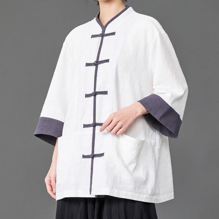 Buddha Stones Chemises d'été pour hommes, style Tang, col mandarin, boutons brandebourg, manches trois-quarts, unies, avec poches - Blanc - US/UK/AU46，EU56 (5XL) - image 10
