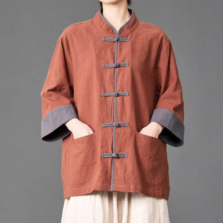 Buddha Stones Chemises d'été pour hommes, style Tang, col mandarin, boutons brandebourg, manches trois-quarts, unies, avec poches - image 19