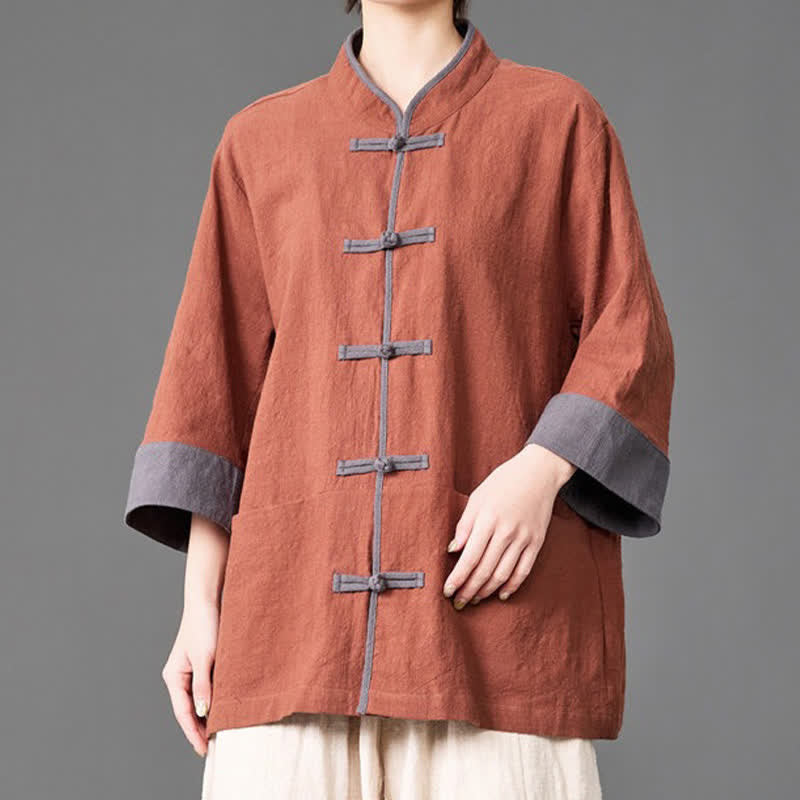 Buddha Stones Chemises d'été pour hommes, style Tang, col mandarin, boutons brandebourg, manches trois-quarts, unies, avec poches - image 16