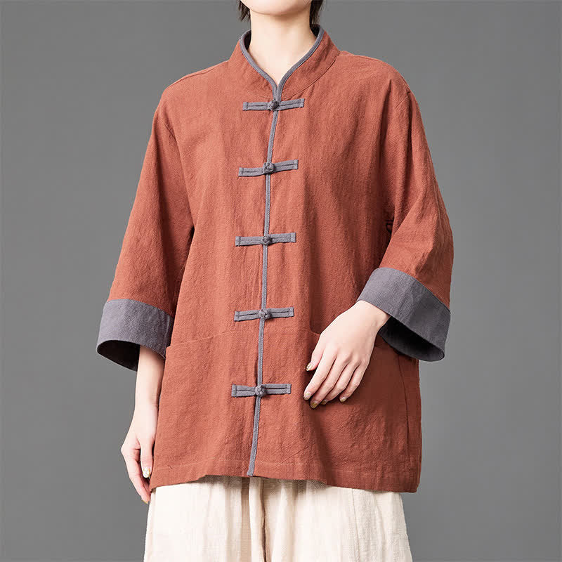 Buddha Stones Chemises d'été pour hommes, style Tang, col mandarin, boutons brandebourg, manches trois-quarts, unies, avec poches - image 18