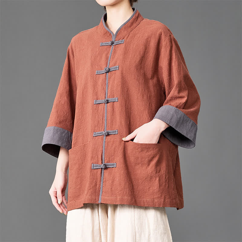 Buddha Stones Chemises d'été pour hommes, style Tang, col mandarin, boutons brandebourg, manches trois-quarts, unies, avec poches - Terre de sienne - US/UK/AU46，EU56 (5XL) - image 15