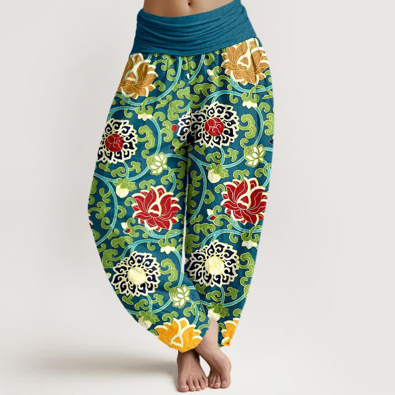 Buddha Stones Pantalon harem pour femme en pur coton à motif bohème de vigne de lotus et taille élastique - image 0