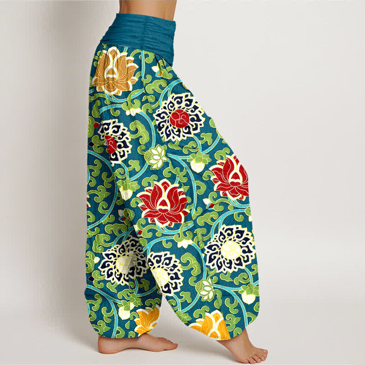 Buddha Stones Pantalon harem pour femme en pur coton à motif bohème de vigne de lotus et taille élastique - image 2