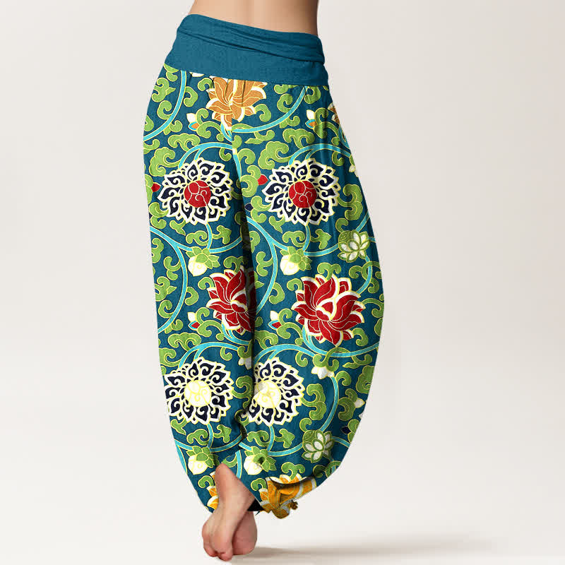Buddha Stones Pantalon harem pour femme en pur coton à motif bohème de vigne de lotus et taille élastique - image 1
