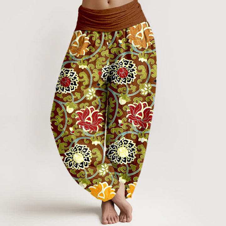 Buddha Stones Pantalon harem pour femme en pur coton à motif bohème de vigne de lotus et taille élastique - image 5