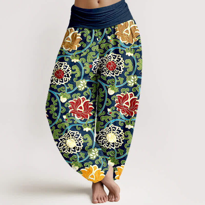 Buddha Stones Pantalon harem pour femme en pur coton à motif bohème de vigne de lotus et taille élastique - image 8