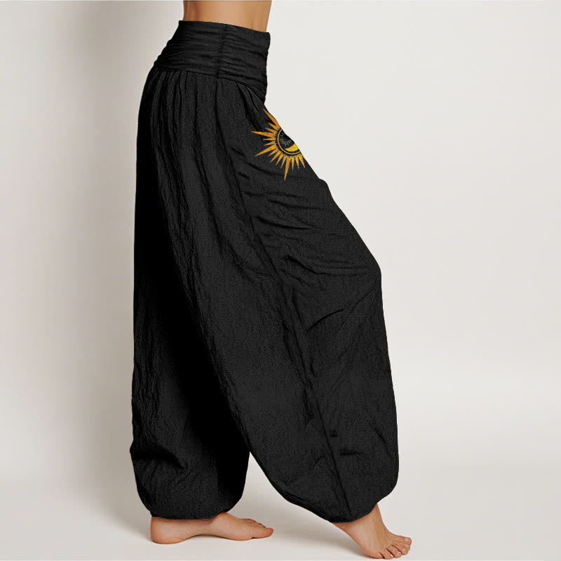 Buddha Stones Pantalon harem à taille élastique pour femme, en pur coton doré, motif phases du soleil et de la lune - image 1