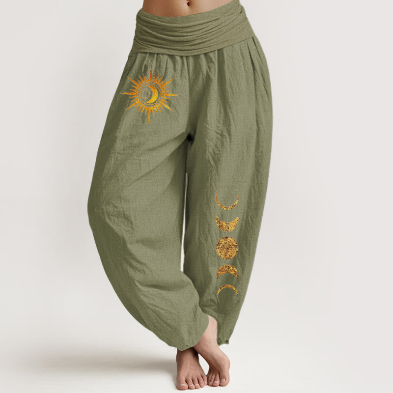 Buddha Stones Pantalon harem à taille élastique pour femme, en pur coton doré, motif phases du soleil et de la lune - Vert olive - US16，UK/AU20，EU48 (3XL) - image 14