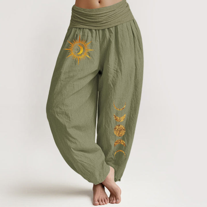 Buddha Stones Pantalon harem à taille élastique pour femme, en pur coton doré, motif phases du soleil et de la lune - Vert olive - US16，UK/AU20，EU48 (3XL) - image 14
