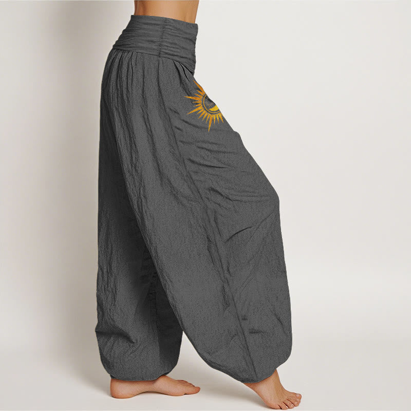 Buddha Stones Pantalon harem à taille élastique pour femme, en pur coton doré, motif phases du soleil et de la lune - image 12
