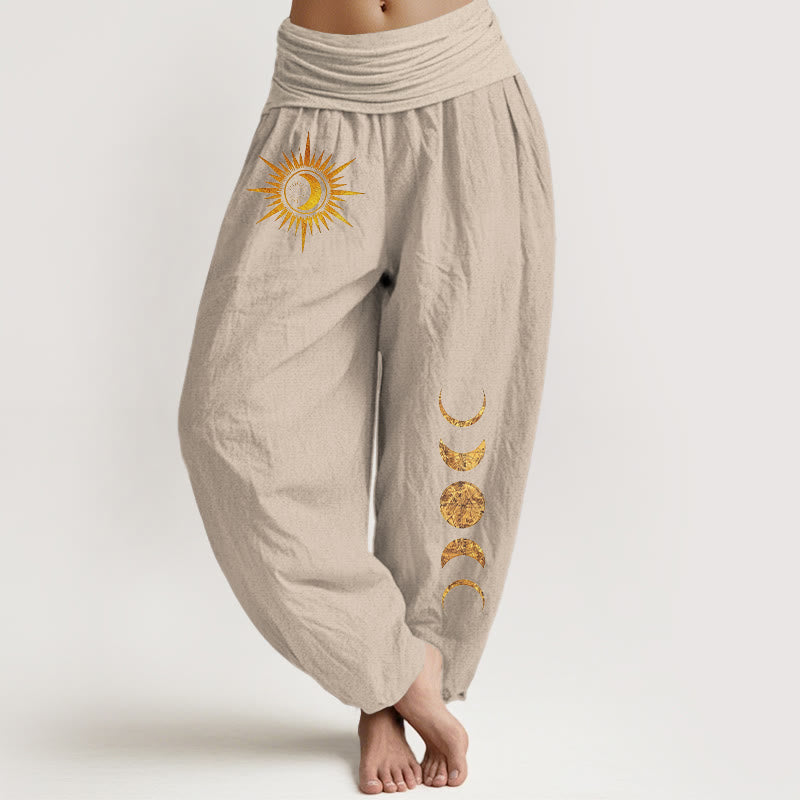 Buddha Stones Pantalon harem à taille élastique pour femme, en pur coton doré, motif phases du soleil et de la lune - Tanné - US16，UK/AU20，EU48 (3XL) - image 5