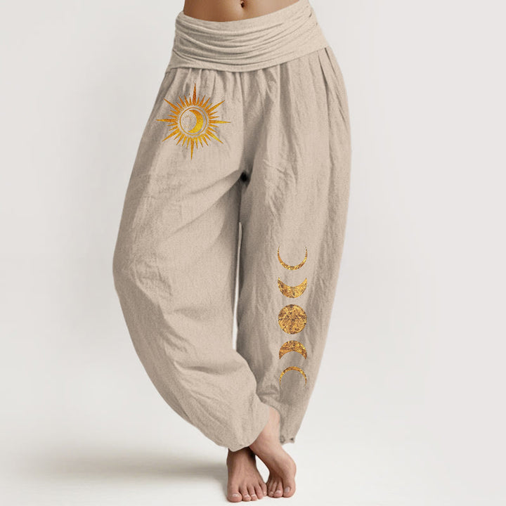 Buddha Stones Pantalon harem à taille élastique pour femme, en pur coton doré, motif phases du soleil et de la lune - Tanné - US16，UK/AU20，EU48 (3XL) - image 5
