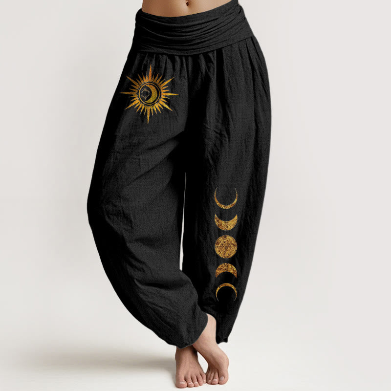 Buddha Stones Pantalon harem à taille élastique pour femme, en pur coton doré, motif phases du soleil et de la lune - Noir - US16，UK/AU20，EU48 (3XL) - image 0