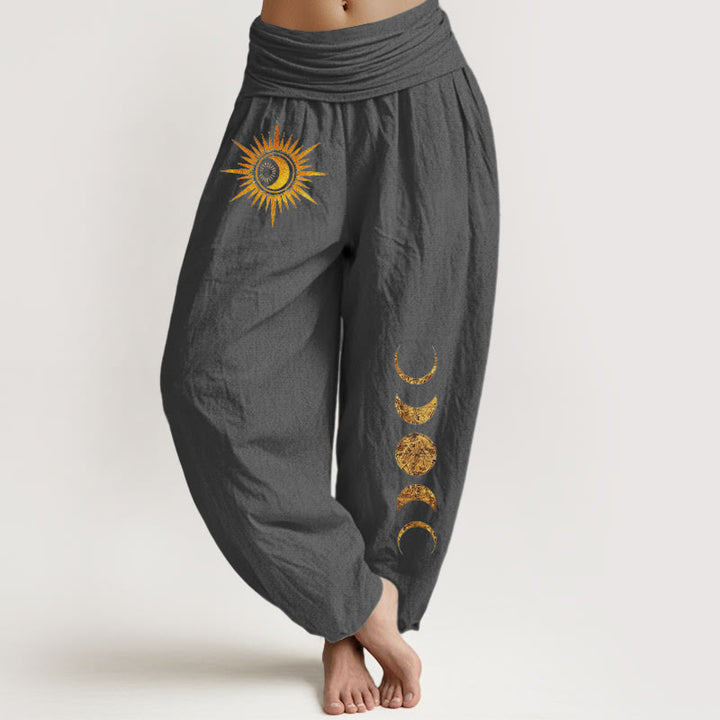 Buddha Stones Pantalon harem à taille élastique pour femme, en pur coton doré, motif phases du soleil et de la lune - Gris terne - US16，UK/AU20，EU48 (3XL) - image 11