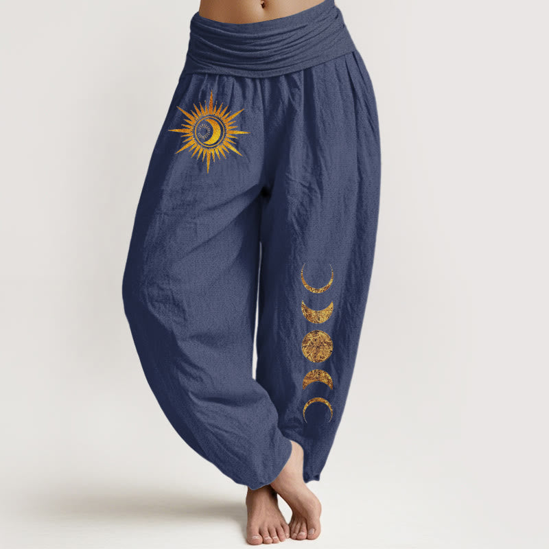Buddha Stones Pantalon harem à taille élastique pour femme, en pur coton doré, motif phases du soleil et de la lune - Bleu ardoise foncé - US16，UK/AU20，EU48 (3XL) - image 8