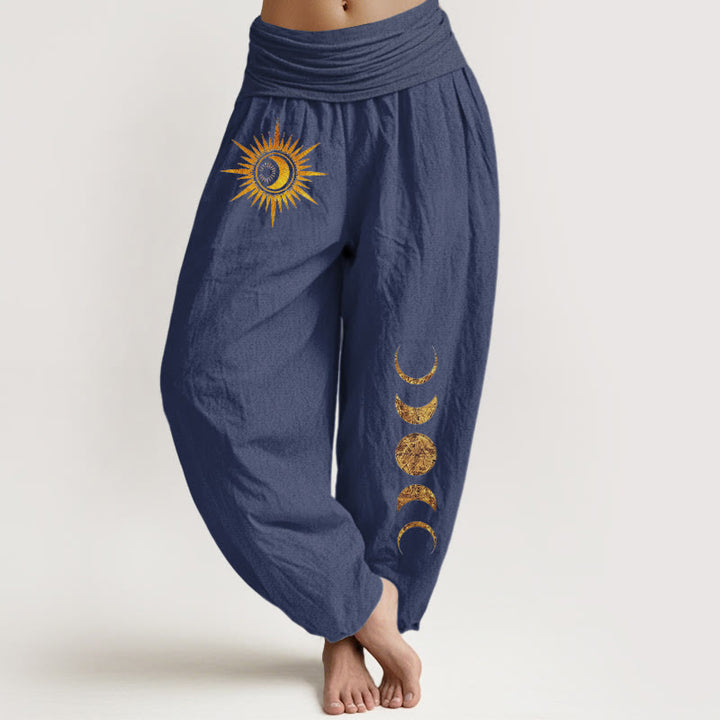 Buddha Stones Pantalon harem à taille élastique pour femme, en pur coton doré, motif phases du soleil et de la lune - Bleu ardoise foncé - US16，UK/AU20，EU48 (3XL) - image 8