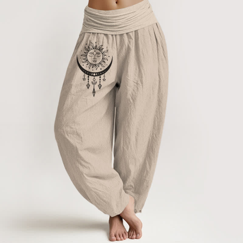 Buddha Stones Pantalon harem pour femme en pur coton, motif soleil, lune et étoiles, à franges et taille élastique. - Tanné - US16，UK/AU20，EU48 (3XL) - image 0