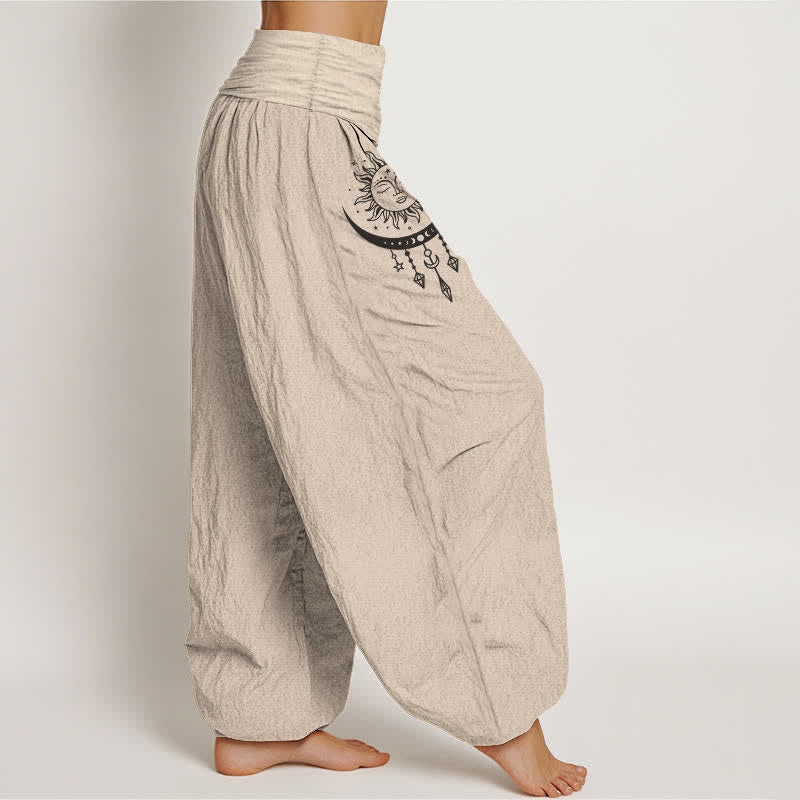 Buddha Stones Pantalon harem pour femme en pur coton, motif soleil, lune et étoiles, à franges et taille élastique. - image 1