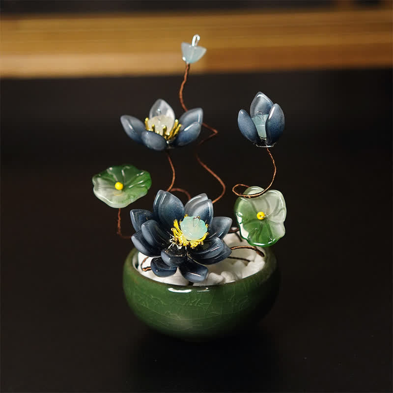 Buddha Stones Pot de fleurs Lotus Liuli fait main, décoration pour un mode de vie conscient - image 1