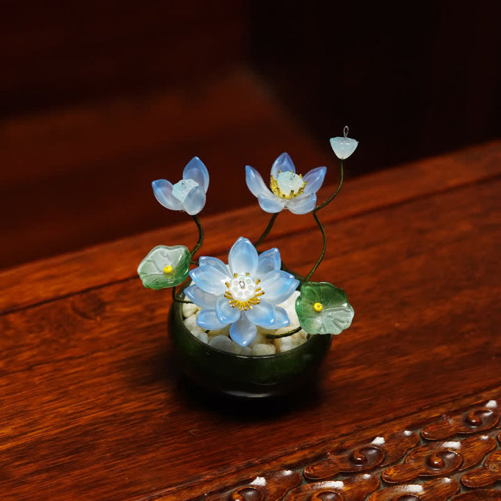 Buddha Stones Pot de fleurs Lotus Liuli fait main, décoration pour un mode de vie conscient - Bleu - image 4