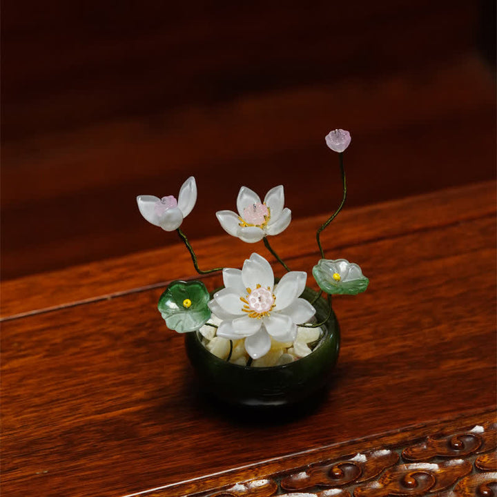 Buddha Stones Pot de fleurs Lotus Liuli fait main, décoration pour un mode de vie conscient - Blanc - image 6