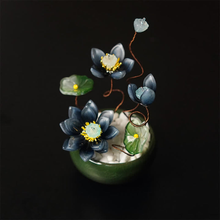 Buddha Stones Pot de fleurs Lotus Liuli fait main, décoration pour un mode de vie conscient - Bleu foncé - image 0