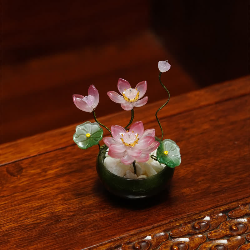 Buddha Stones Pot de fleurs Lotus Liuli fait main, décoration pour un mode de vie conscient - Rose foncé - image 7