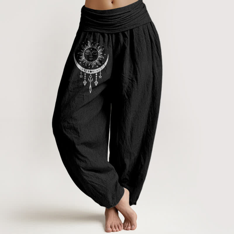 Buddha Stones Pantalon harem pour femme en pur coton, motif soleil, lune et étoiles, à franges et taille élastique. - Noir - US16，UK/AU20，EU48 (3XL) - image 5