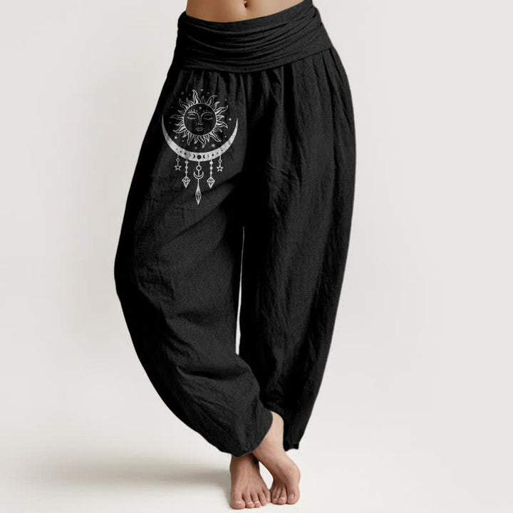 Buddha Stones Pantalon harem pour femme en pur coton, motif soleil, lune et étoiles, à franges et taille élastique. - Noir - US16，UK/AU20，EU48 (3XL) - image 5