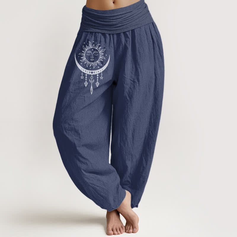 Buddha Stones Pantalon harem pour femme en pur coton, motif soleil, lune et étoiles, à franges et taille élastique. - Bleu ardoise foncé - US16，UK/AU20，EU48 (3XL) - image 8