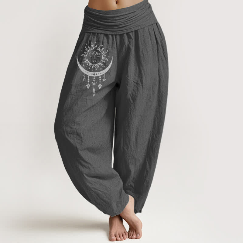 Buddha Stones Pantalon harem pour femme en pur coton, motif soleil, lune et étoiles, à franges et taille élastique. - Gris terne - US16，UK/AU20，EU48 (3XL) - image 11