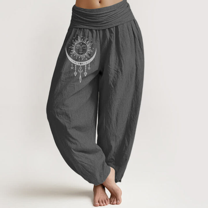 Buddha Stones Pantalon harem pour femme en pur coton, motif soleil, lune et étoiles, à franges et taille élastique. - Gris terne - US16，UK/AU20，EU48 (3XL) - image 11