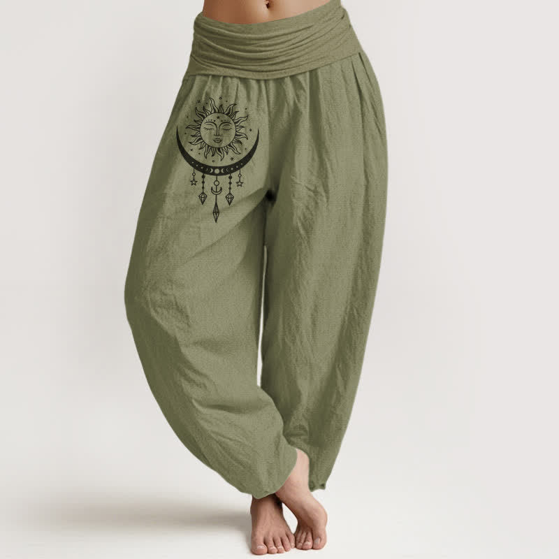 Buddha Stones Pantalon harem pour femme en pur coton, motif soleil, lune et étoiles, à franges et taille élastique. - Vert olive - US16，UK/AU20，EU48 (3XL) - image 14