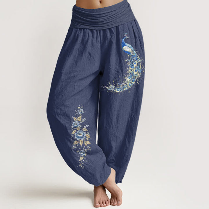 Buddha Stones Pantalon harem pour femme en pur coton à motif paon fleuri et taille élastique - Bleu ardoise foncé - US16，UK/AU20，EU48 (3XL) - image 0