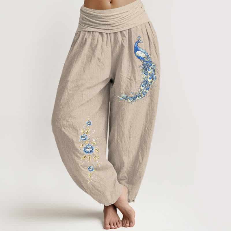Buddha Stones Pantalon harem pour femme en pur coton à motif paon fleuri et taille élastique - Tanné - US16，UK/AU20，EU48 (3XL) - image 5