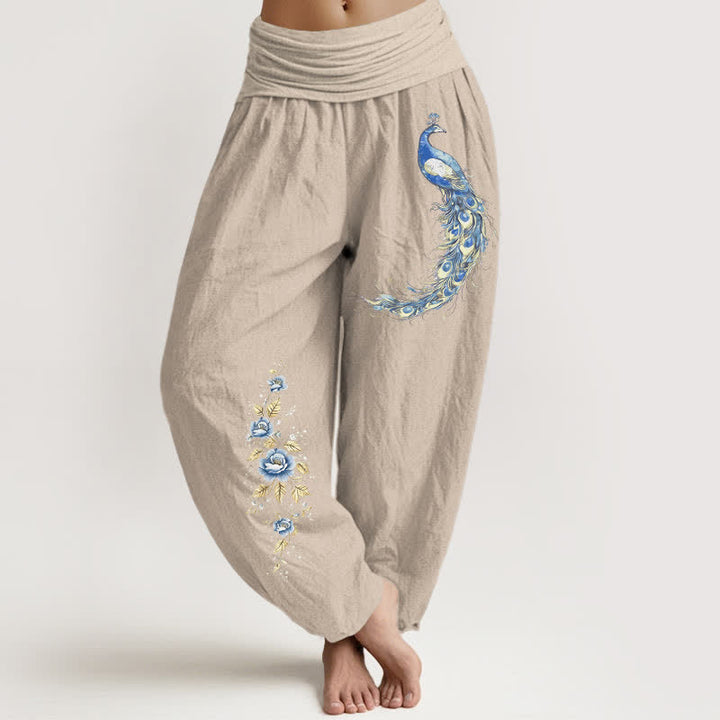 Buddha Stones Pantalon harem pour femme en pur coton à motif paon fleuri et taille élastique - Tanné - US16，UK/AU20，EU48 (3XL) - image 5
