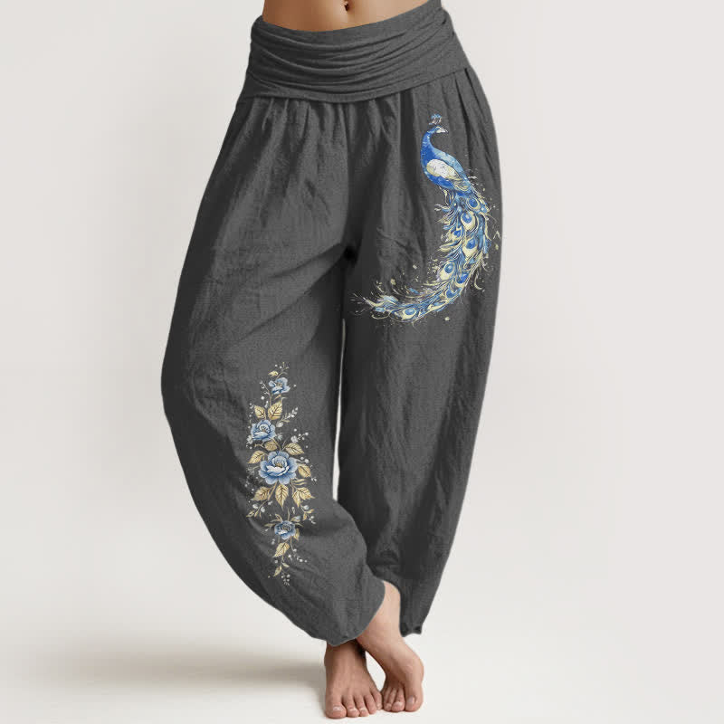 Buddha Stones Pantalon harem pour femme en pur coton à motif paon fleuri et taille élastique - Gris terne - US16，UK/AU20，EU48 (3XL) - image 11