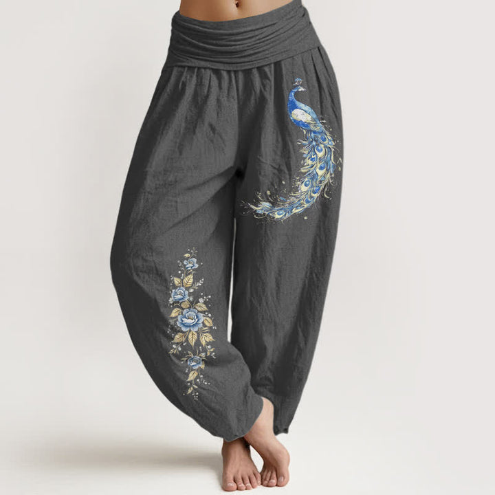 Buddha Stones Pantalon harem pour femme en pur coton à motif paon fleuri et taille élastique - Gris terne - US16，UK/AU20，EU48 (3XL) - image 11