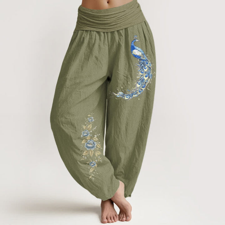 Buddha Stones Pantalon harem pour femme en pur coton à motif paon fleuri et taille élastique - Vert olive - US16，UK/AU20，EU48 (3XL) - image 14