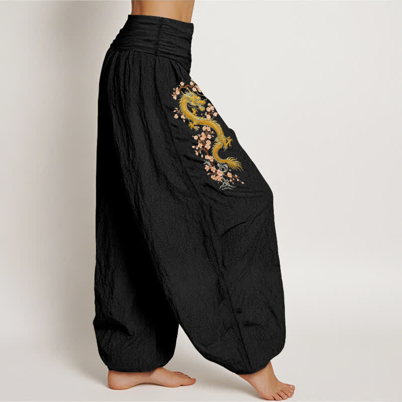 Buddha Stones Pantalon harem pour femme en pur coton, motif dragon doré et fleurs roses, taille élastique - image 1